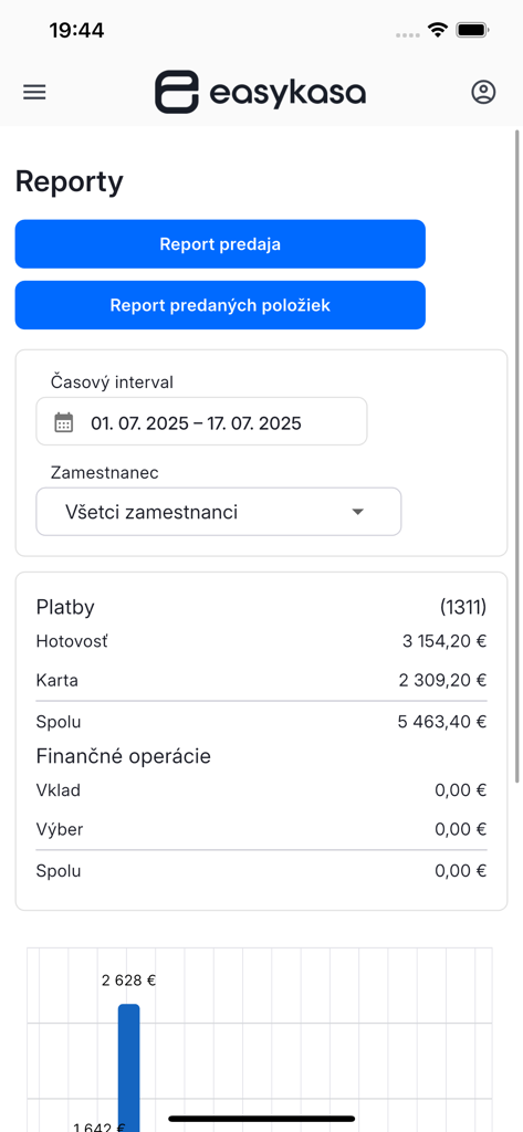 EasyKasa - EasyKasa mobile app sales report dashboard showing revenue breakdown by cash and card payments
