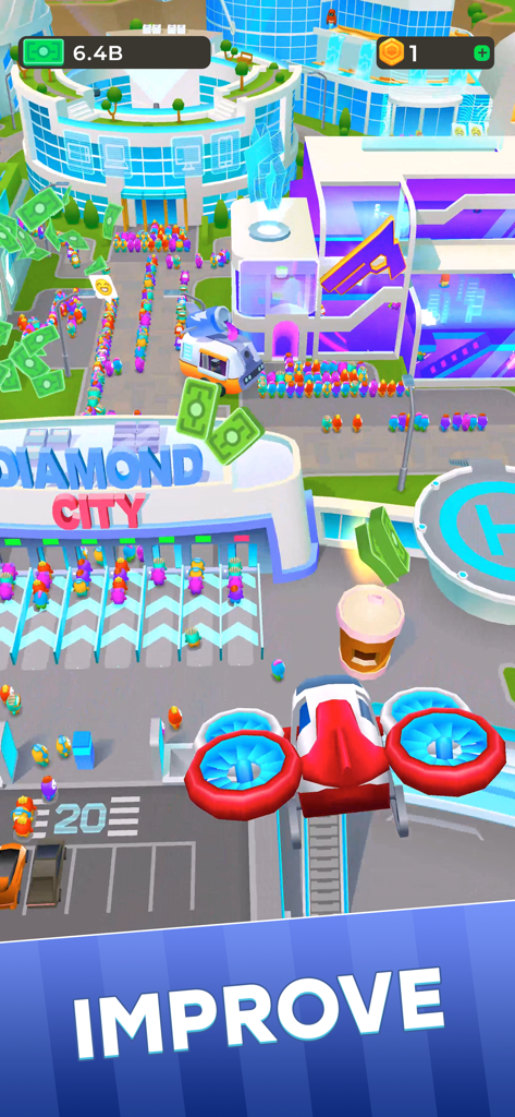 Diamond City: Idle Tycoon - Stilisierte 3D-Grafiken einer futuristischen Stadt mit Besuchern und Gebäuden in Diamond City Idle Tycoon