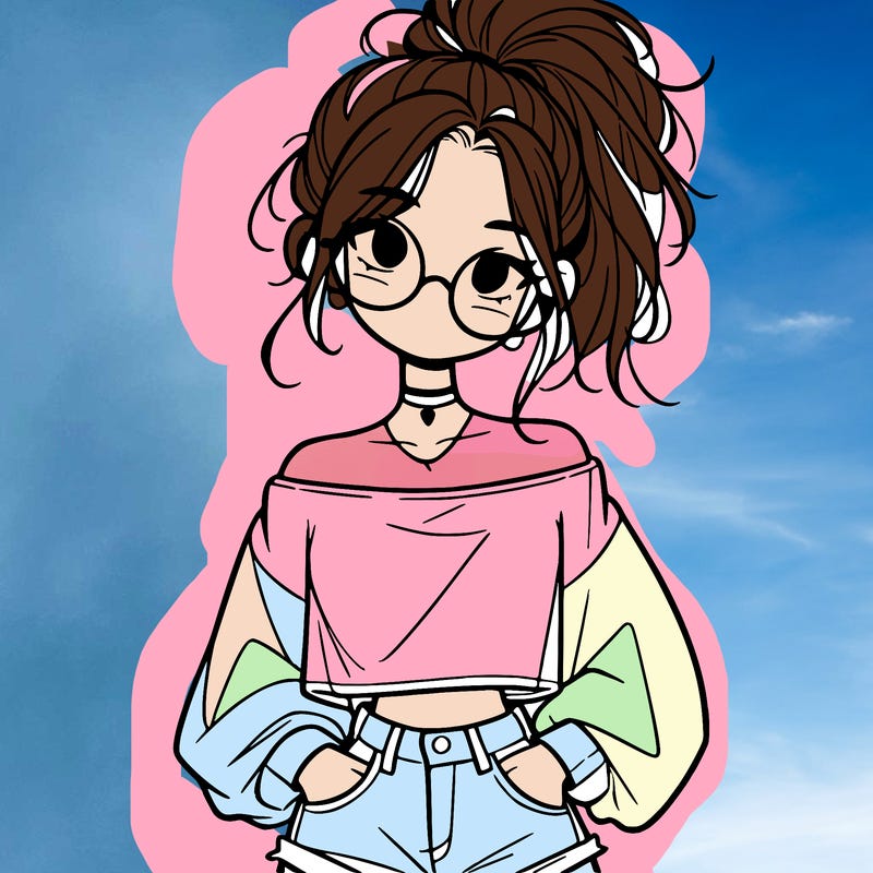 girl with a messy ponytail glasses a baggy crop top and jean shorts