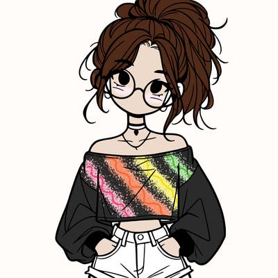 girl with a messy ponytail glasses a baggy crop top and jean shorts