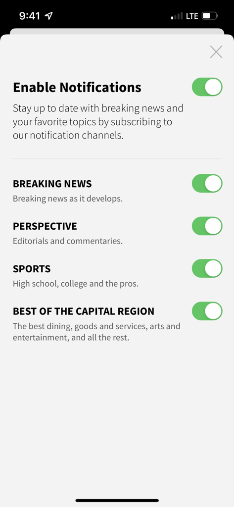 Notification settings screen in the Times Union app with options for breaking news and sports.