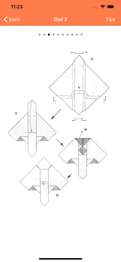 Diagrama de instrucciones que muestra paso a paso los pliegues para un búho de origami