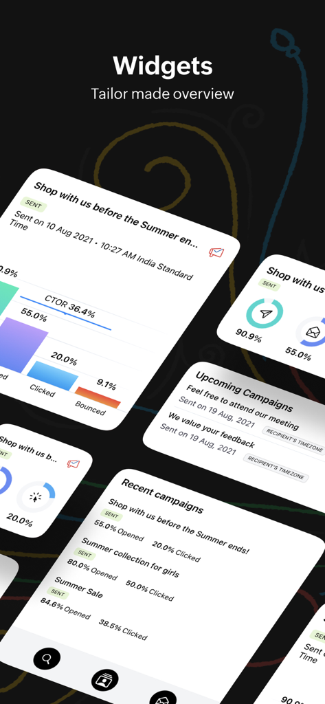 Zoho Campaigns-Email Marketing - Mobile screen showing various Zoho Campaigns widgets with real time email marketing statistics