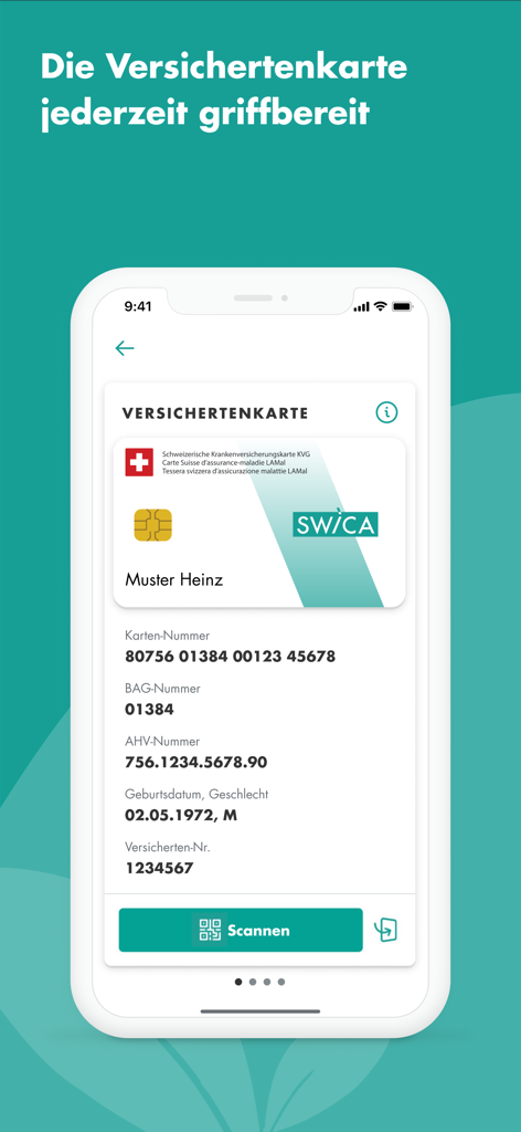 Digital health insurance card displayed on the mySWICA mobile application interface