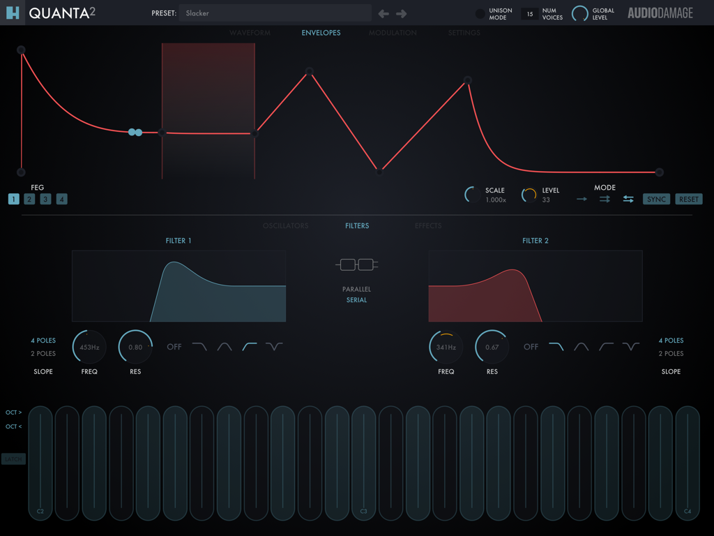 Quanta 2 synthesizer interface showing envelope and dual filter modules.