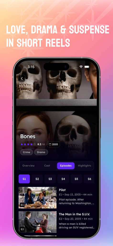 HotMiniDrama - Movies & TV - Interface do aplicativo HotMiniDrama mostrando detalhes da série de TV Bones, incluindo avaliações e listas de episódios