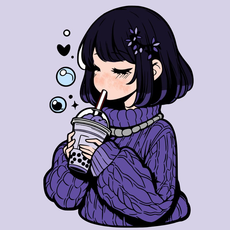 manga girl drinking boba in cozy sweater