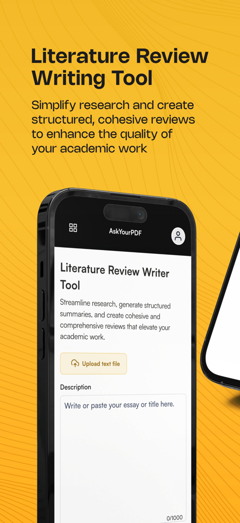 AskYourPDF app interface highlighting the literature review writing tool for academic research.