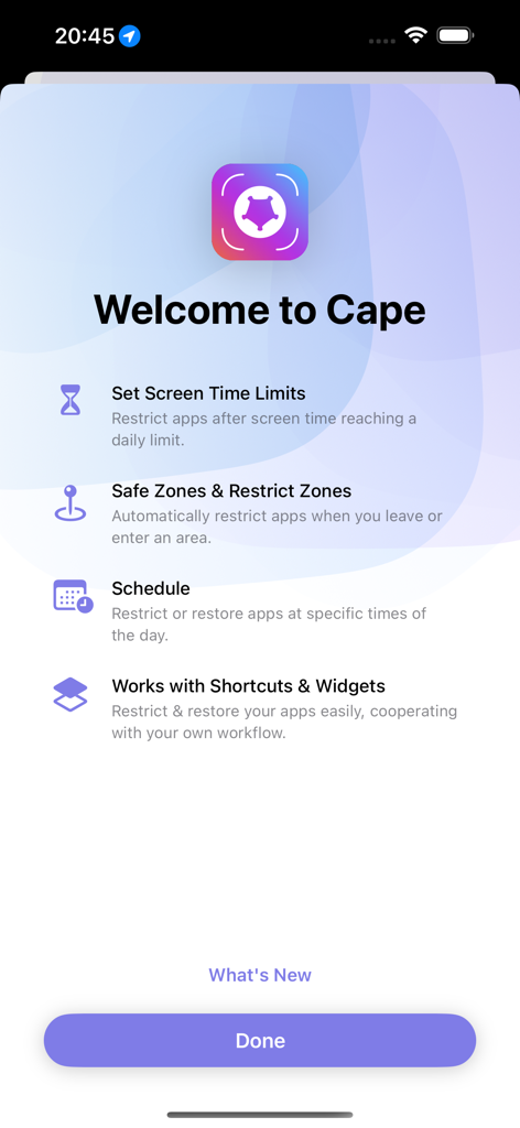 Cape app onboarding screen showing features for screen time limits, safe zones, scheduling, and shortcuts integration.
