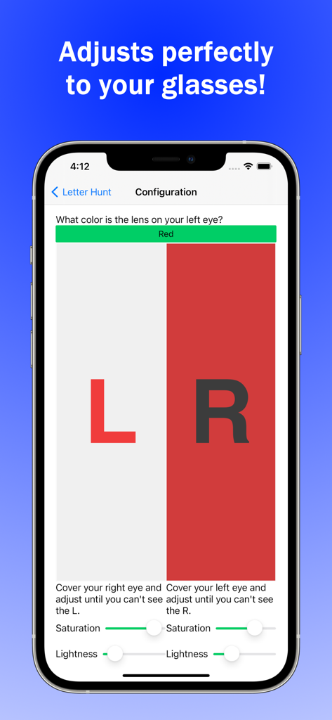 GamE-blyopia - Amblyopia Games - Calibration screen for anaglyph glasses in the GamE-blyopia vision therapy app