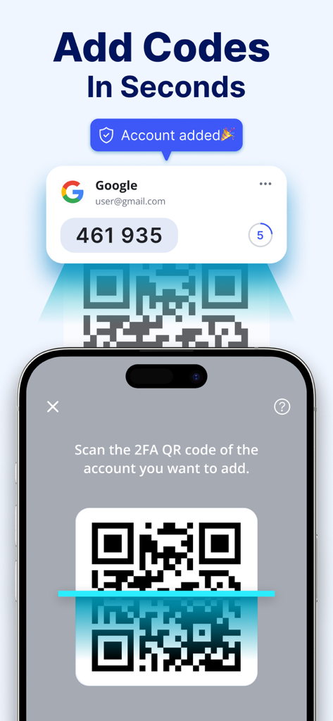 Authenticator App - 2FA - Un iPhone escaneando un código QR para agregar rápidamente una nueva cuenta de autenticación de dos factores.