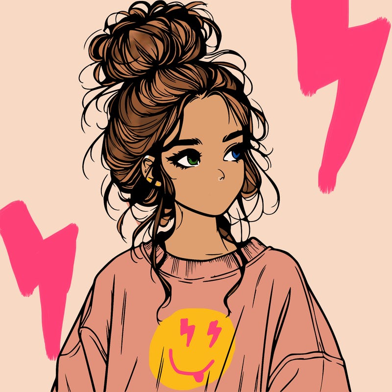 realistic girl with messy bun and oversized clothing