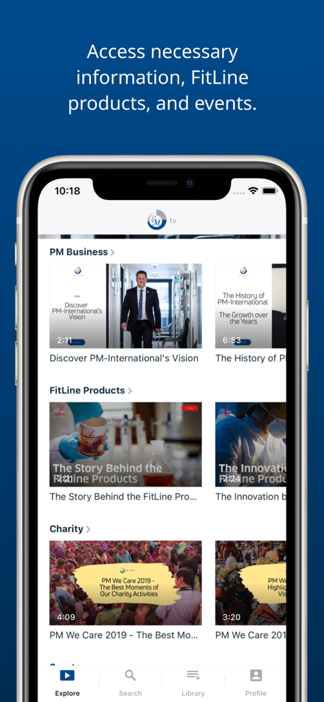 PM.TV - The explore screen of the PM TV app featuring business and FitLine product videos
