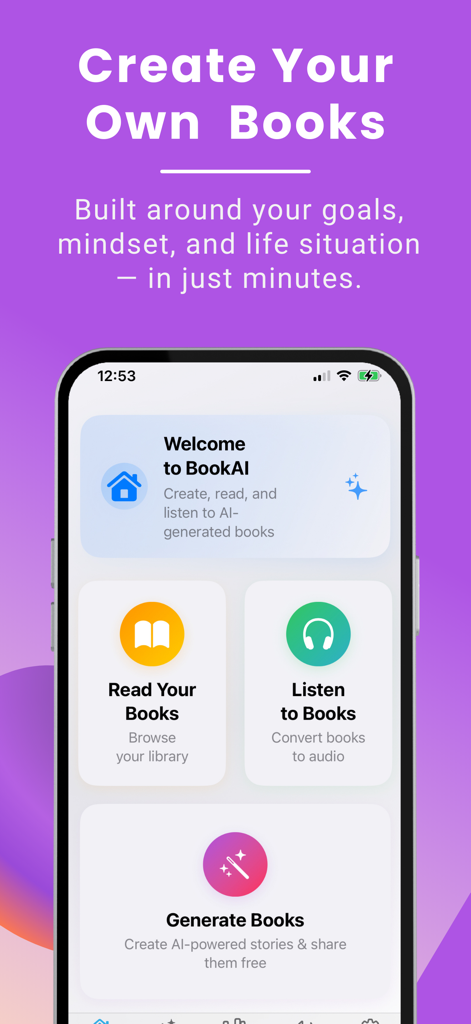 BookAI – Your Book Creator - BookAI app home screen showing options to create read and listen to AI generated books