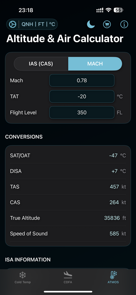 ColdTempCorr - ColdTempCorr app interface showing the Altitude and Air Calculator in the ATMOS module with flight data conversions