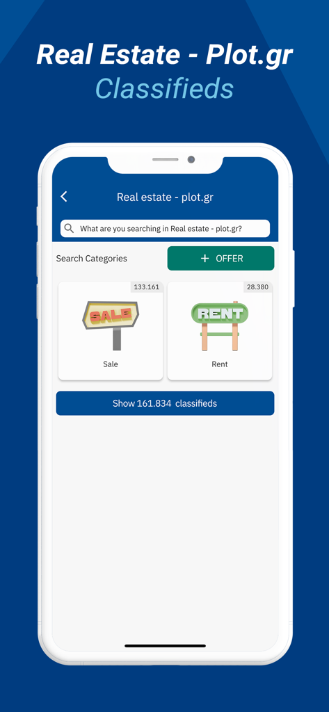 Car.gr - Interfaccia dell'app Car.gr che mostra annunci immobiliari in vendita e in affitto su Plot.gr