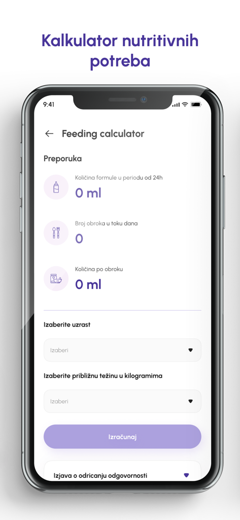 Écran de calculateur d'alimentation de l'application Nutricia for Professionals pour calculer les besoins en nutrition médicale en fonction de l'âge et du poids.