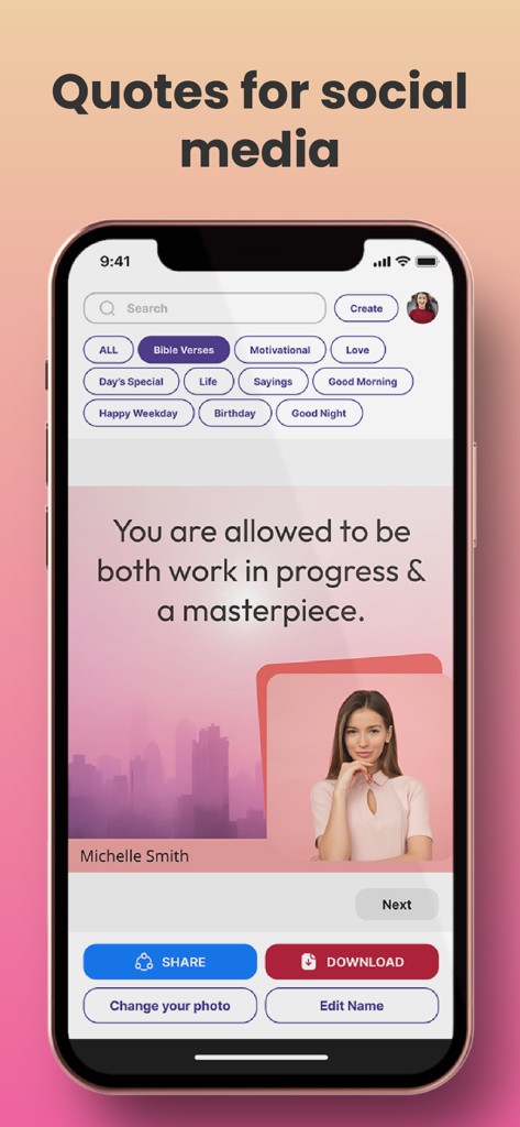 Crafto app interface showing a personalized motivational quote template with a photo for social media sharing