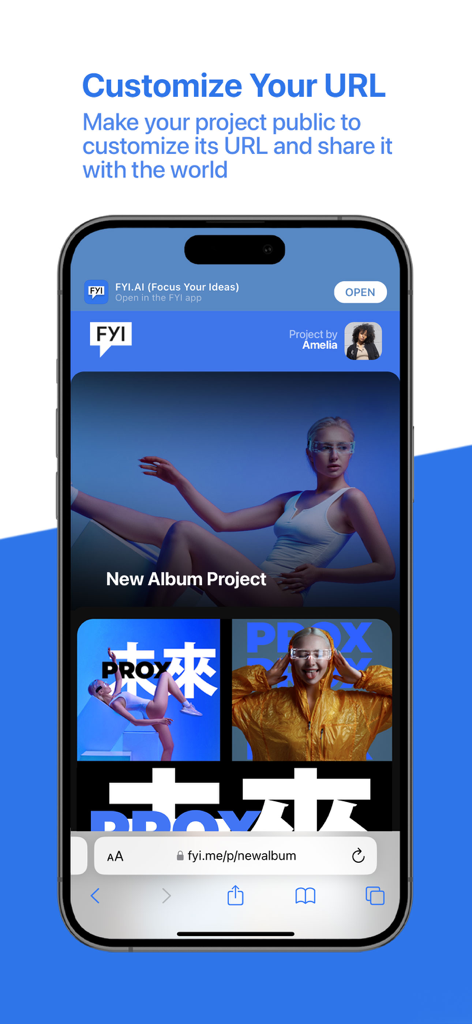 FYI.AI (Focus Your Ideas) - A mobile interface showing a customized public URL for a creative project called New Album Project.