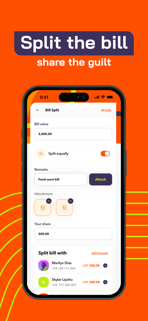 Interface de l'application mobile FriMi montrant la fonction de partage de facture pour diviser les dépenses avec des amis