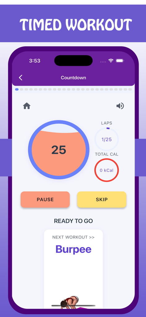 Bigger Buttocks Workout,glutes - Tela de treino cronometrado do aplicativo de fitness para glúteos com um cronômetro regressivo e prévia do exercício de burpee
