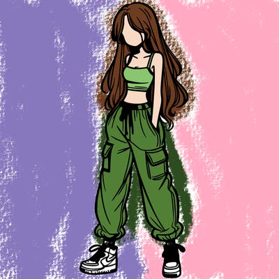 girl in baggy pants crop top and long hair