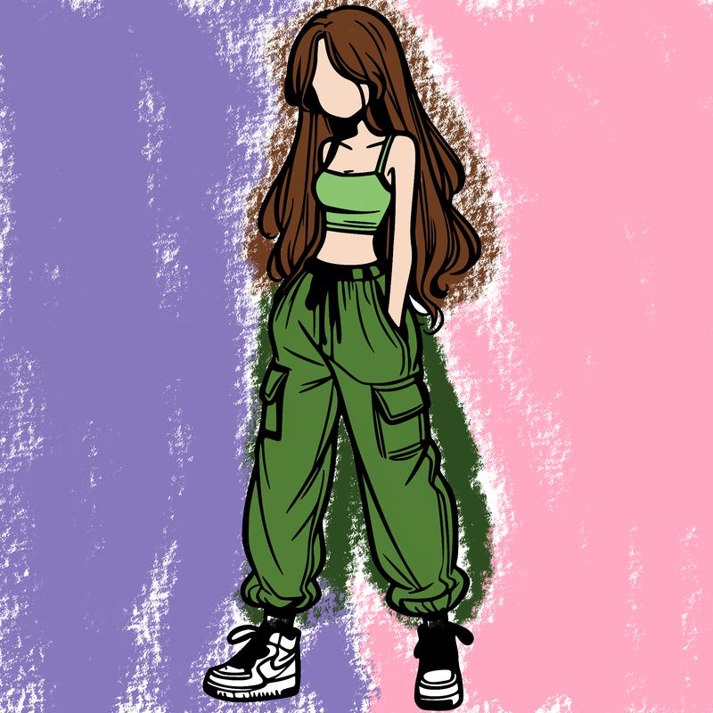girl in baggy pants crop top and long hair