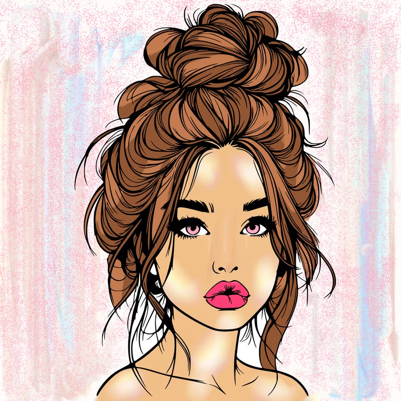 realistic girl with a messy bun and she has lips