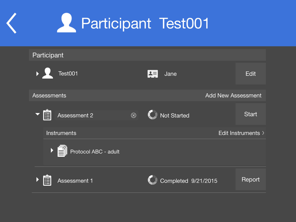 NIH Toolbox participant profile showing completed and pending clinical assessments