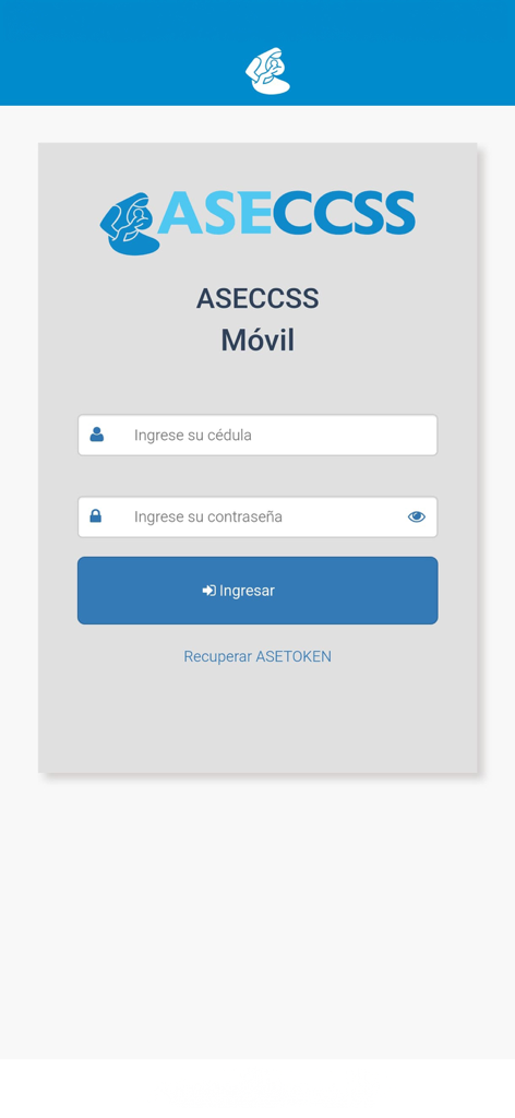 ASECCSS Móvil - Login screen of the ASECCSS Movil app with fields for ID and password.
