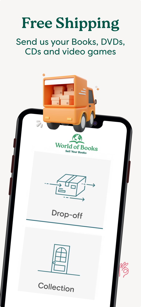 World of Books app screen showing free shipping and options for drop off and collection