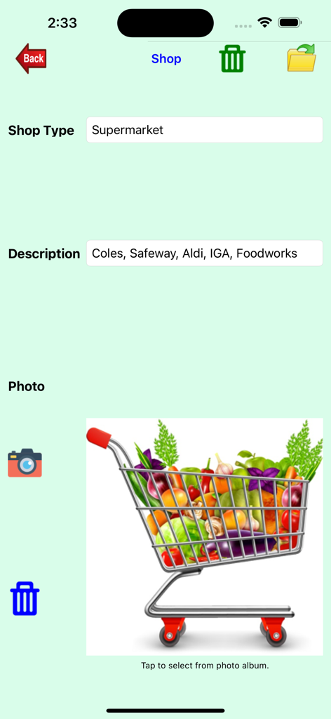 Shopping-List. - Captura de pantalla de la interfaz de la aplicación Shopping-List para gestionar tipos de tiendas, incluyendo detalles del supermercado e imagen de carrito de compras.