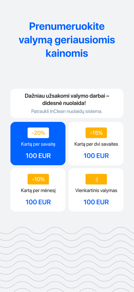 Schermata dell'app InClean che mostra i piani di abbonamento per le pulizie con sconti settimanali, bisettimanali e mensili