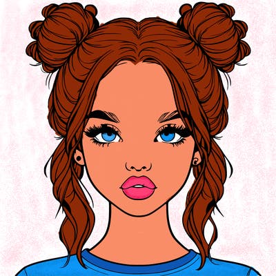 realistic girl with two buns in hair and lips