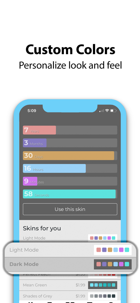 Screenshot of the Shopping Addiction Calendar app showing customization options for skins and light or dark mode themes.