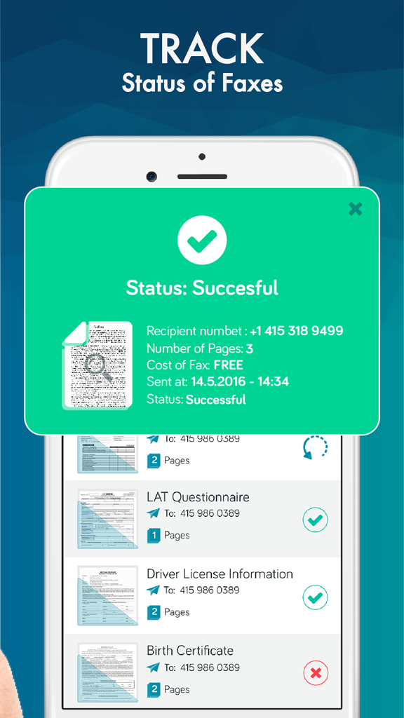 Interface of the FAX from iPhone app displaying a successful fax status notification and a history of sent documents