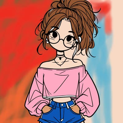 girl with a messy ponytail glasses a baggy crop top and jean shorts