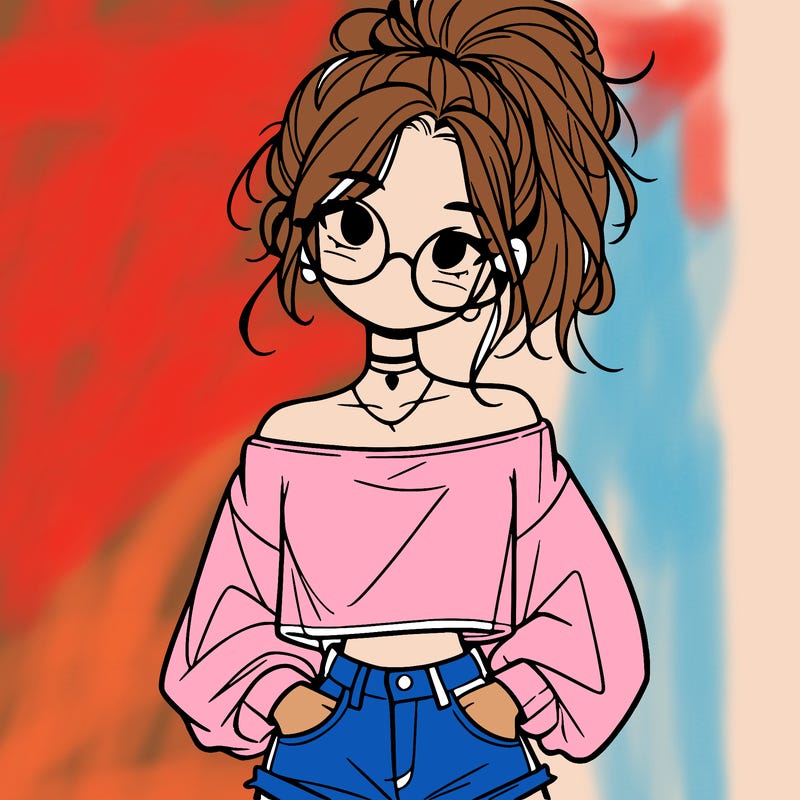 girl with a messy ponytail glasses a baggy crop top and jean shorts