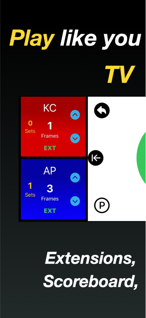 Shot Clock Pool /Snooker Timer - Interfaz de marcador de billar y snooker mostrando frames, sets y extensiones de los jugadores