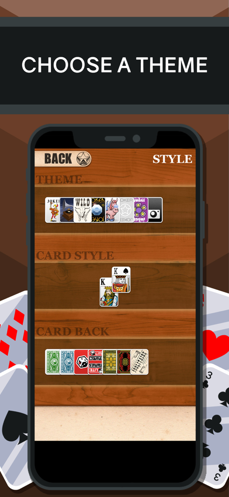 A screen in the Solitaire app showing options to customize card themes and card back styles