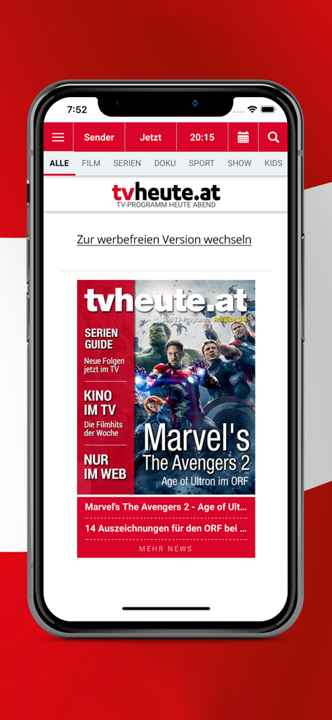 tvheute TV Programm Österreich - iPhone screen displaying the tvheute app interface with Austrian TV program highlights and genre categories like Film and Sport.