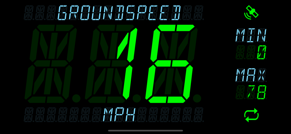 Groundspeed - Groundspeed app interface featuring a large high-contrast green digital display showing 16 MPH