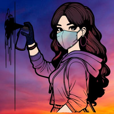 realistic girl with mask spray painting a wall