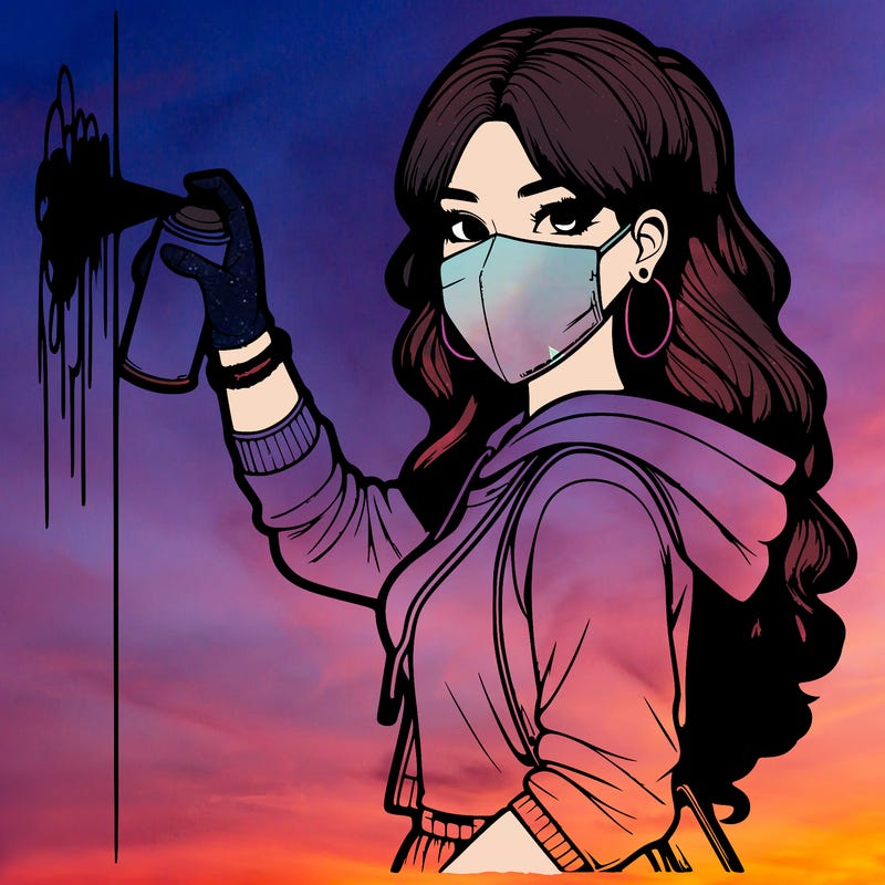 realistic girl with mask spray painting a wall