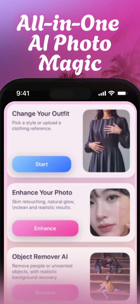 AI Clothes Changer - CLOZO - CLOZO app screen showing AI outfit changer skin enhancer and object remover tools