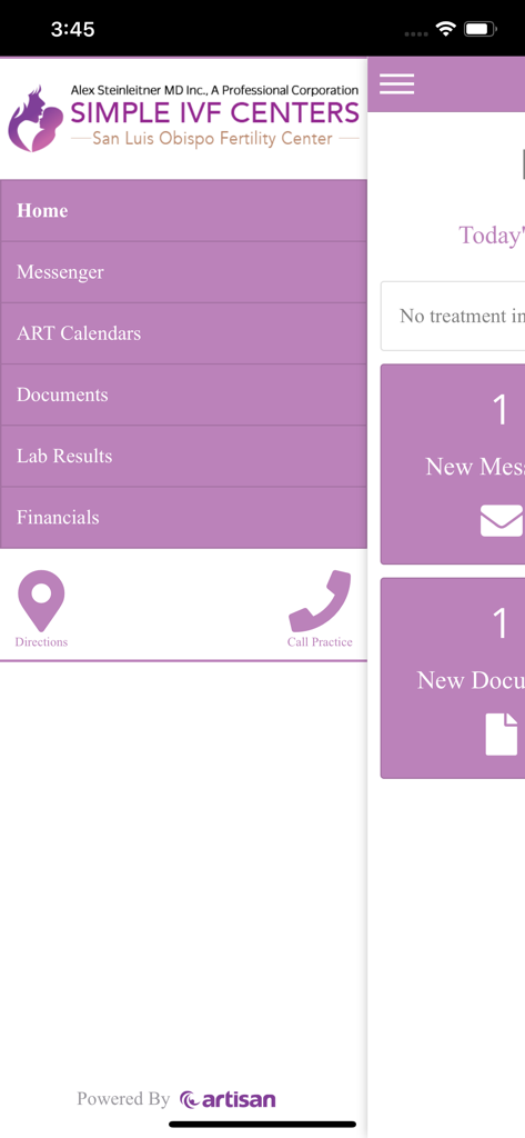 Artisan Ally - Side navigation menu of the Artisan Ally patient portal app for Simple IVF Centers showing Messenger Lab Results and Financials options