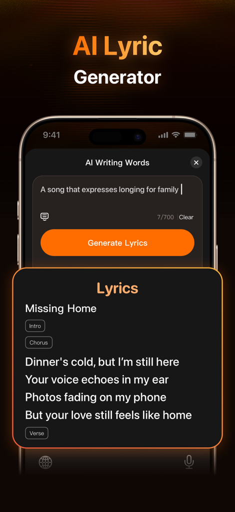 AI Songs & Music Maker：TuneMe - Screenshot of TuneMe app showing the AI Lyric Generator feature with generated lyrics for a song titled Missing Home.