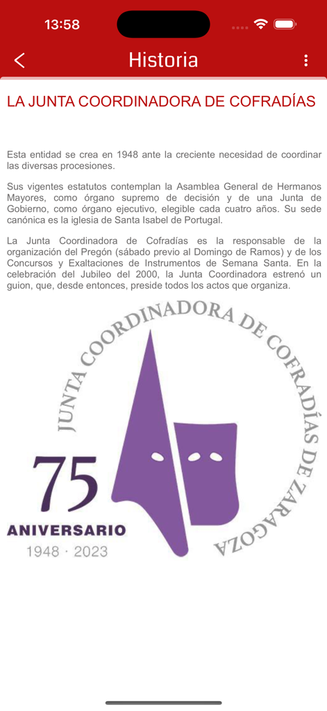 sSantaZgz - Screenshot of the sSantaZgz app showing the history and 75th anniversary logo of the Coordinating Board of Brotherhoods of Zaragoza