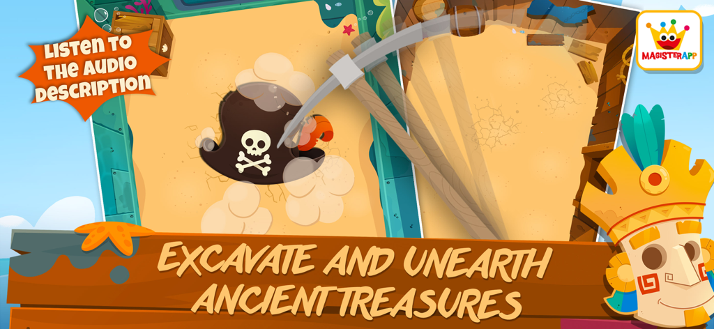 Enfants déterrant un trésor en forme de chapeau de pirate dans le Jeu Éducatif Archéologue