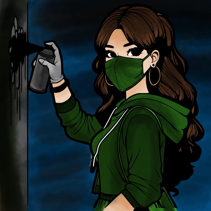 realistic girl with mask spray painting a wall